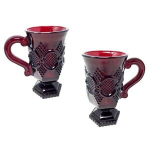 Vintage Avon 1876 Cape Cod Ruby Red Glass Pedestal Mugs (2) in Orig Box